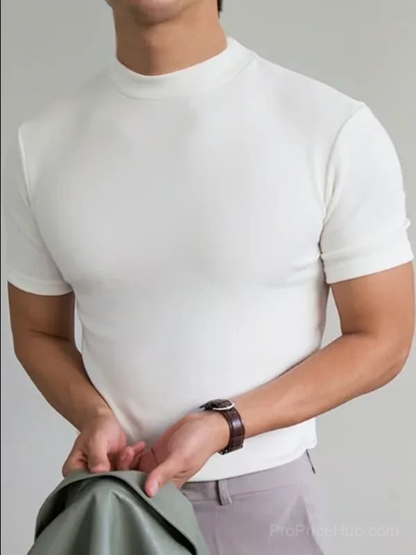 Men’s High Neck Slim Fit T-Shirt, White, Size S - Alt