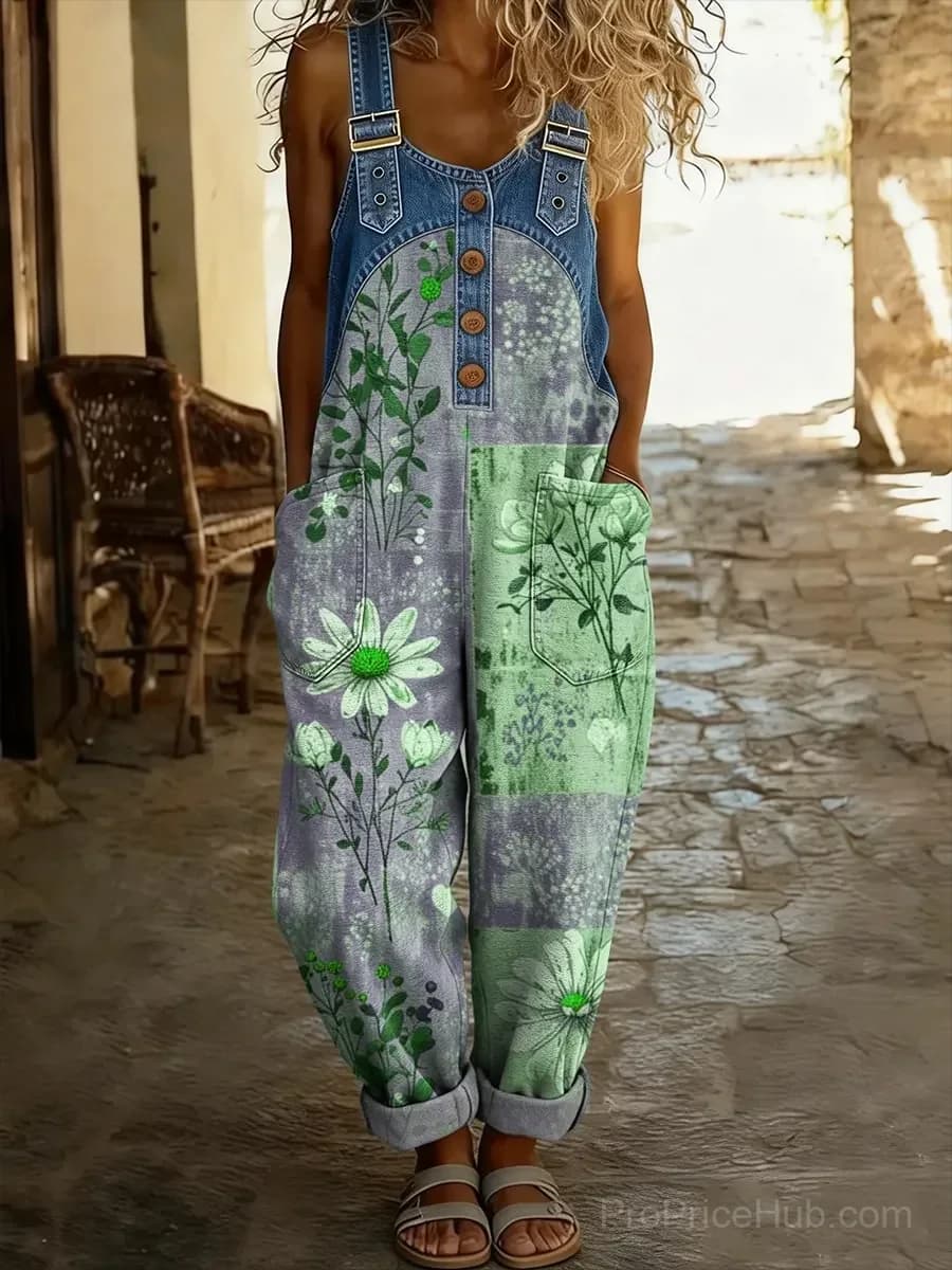 Women's Casual Washed Cotton Denim Patchwork Jumpsuit - View 4