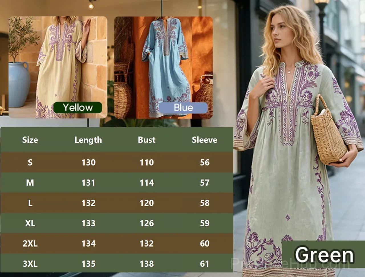V-Neck Ethnic Print Loose Fit Dress, Green, US 4/S - Main