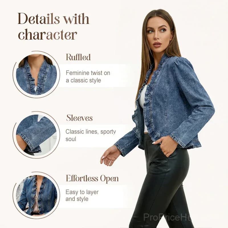 Women's Denim Jacket, Open Front, Ruffle Trim, Lightweight, Classic Wash - Main