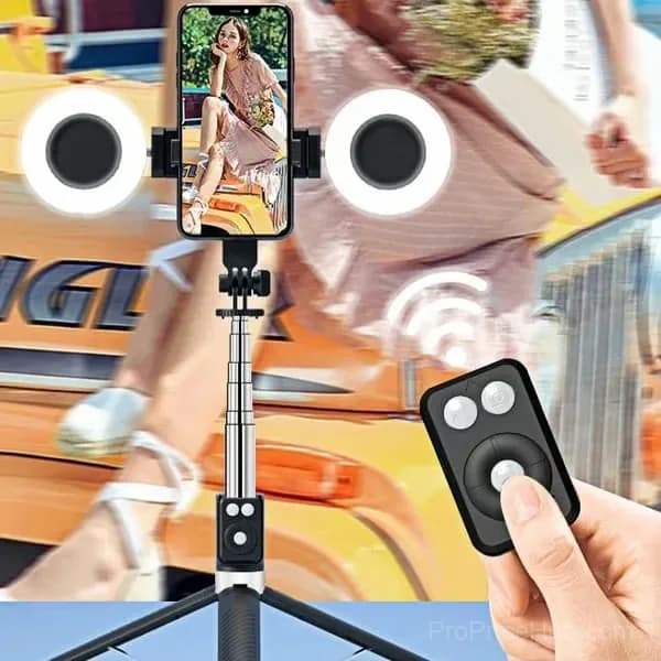 Black 6-in-1 Bluetooth Selfie Stick, No Fill Light - View 2