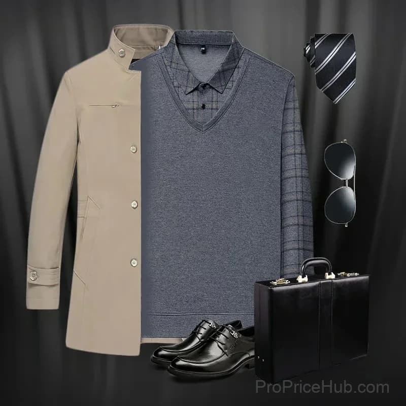Men's Faux Two-Piece Lapel Long-Sleeve Top, Grey M - View 7