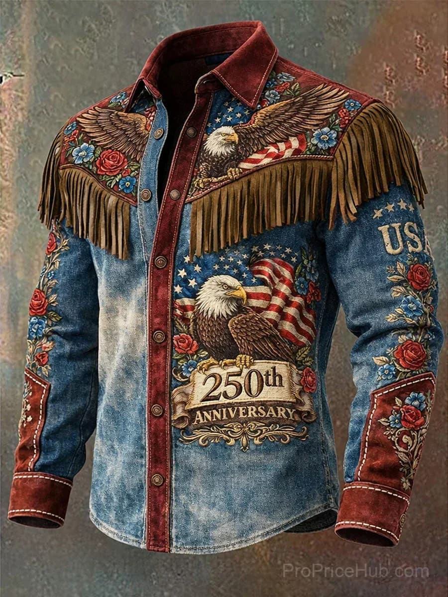 Men's Retro Western Art Print Long Sleeve Tassel Shirt - Main