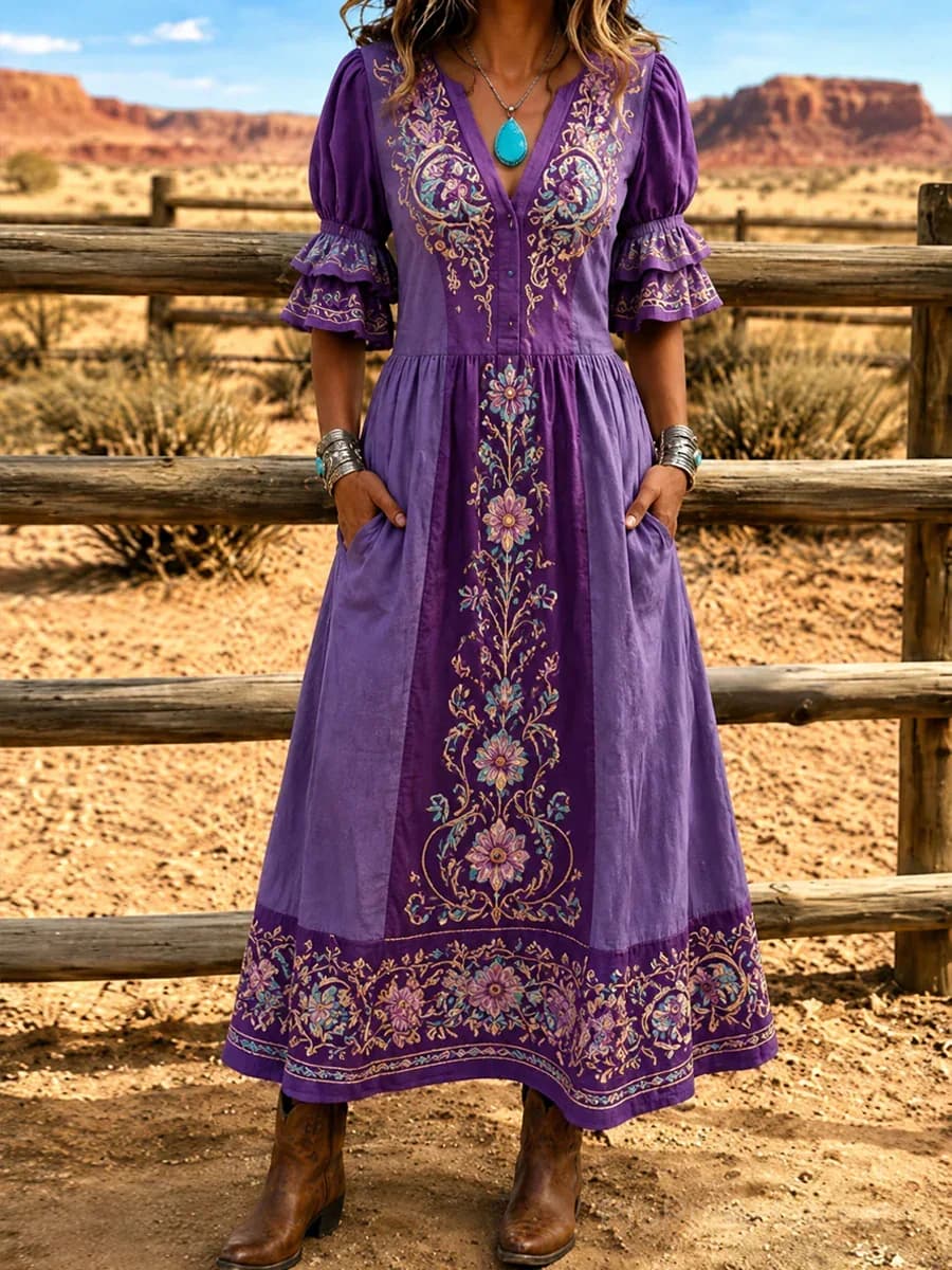 Women's Retro Washed Cotton Lace Patchwork Midi Dress - Main