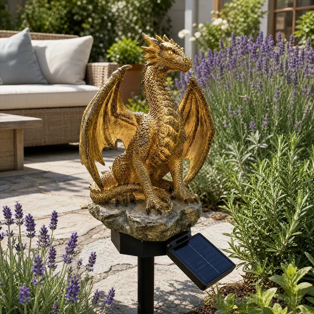 Gothic Dragon Golden Fire Solar Landscape Light - View 10