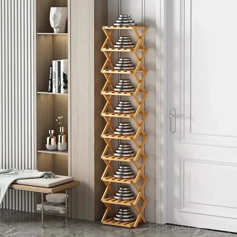 Durable Foldable Bamboo Shoe Rack, Brown, 2-Tier - Alt