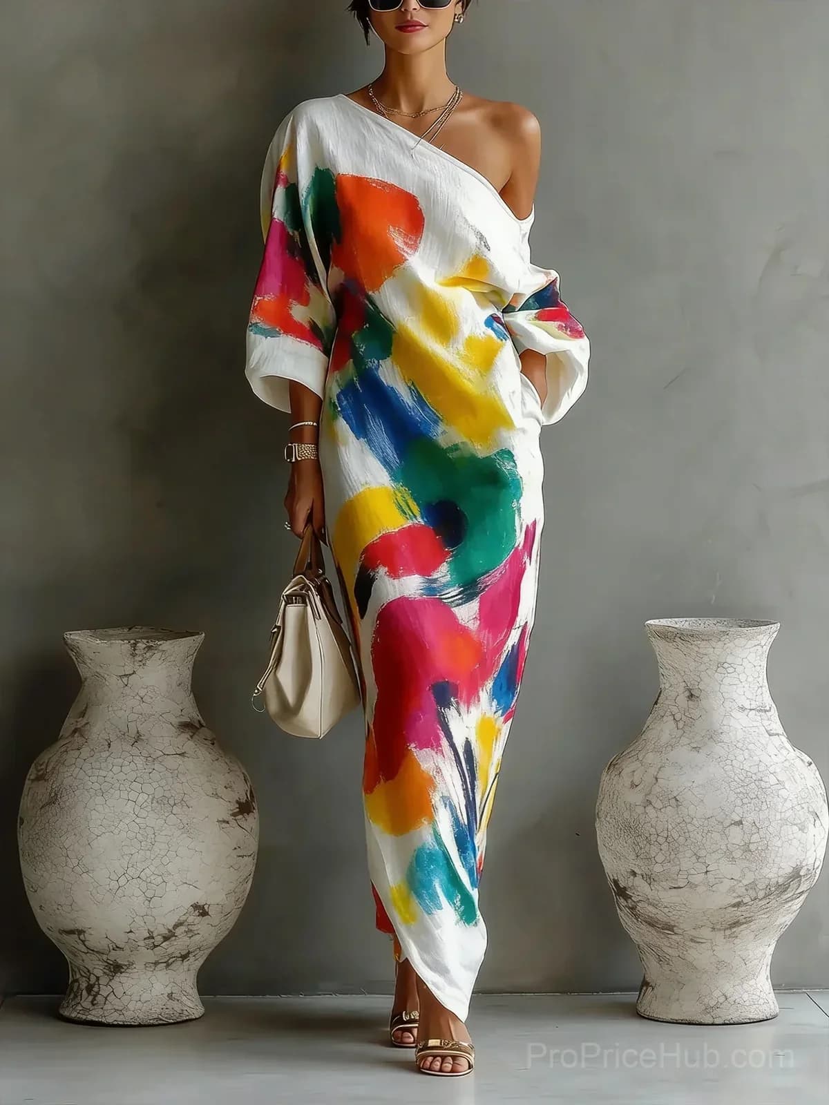 Women's Artistic Print One-Shoulder Maxi Dress - Main