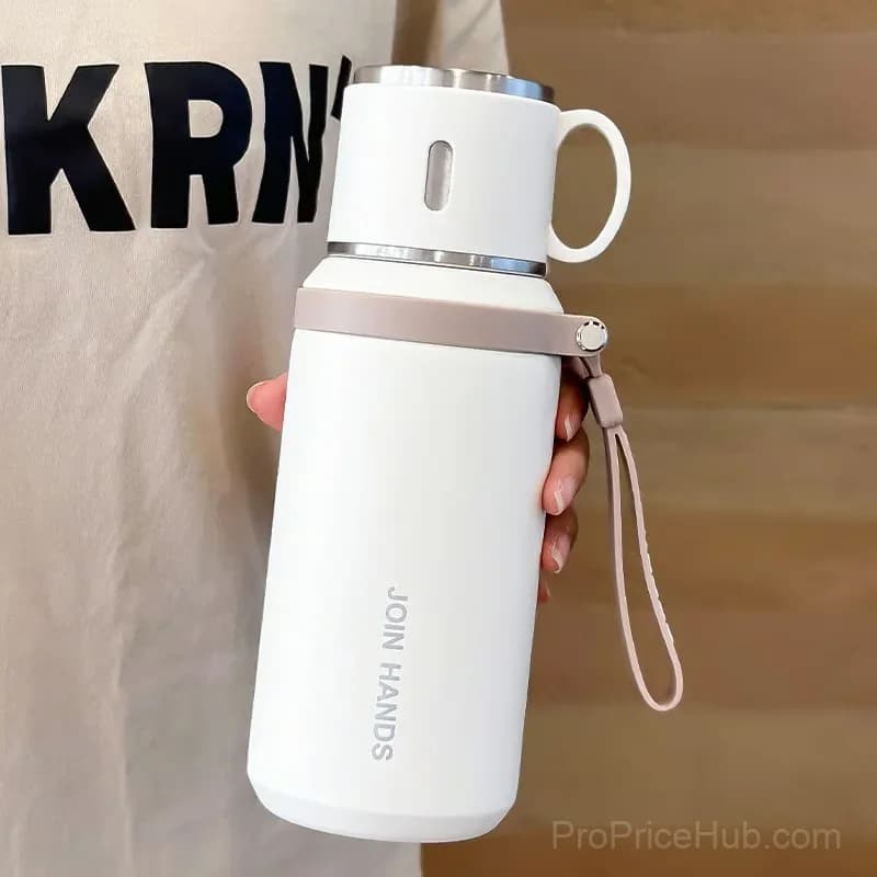 600ml 316 Stainless Steel Vacuum Insulated Bottle with Dual Lids, White - Main
