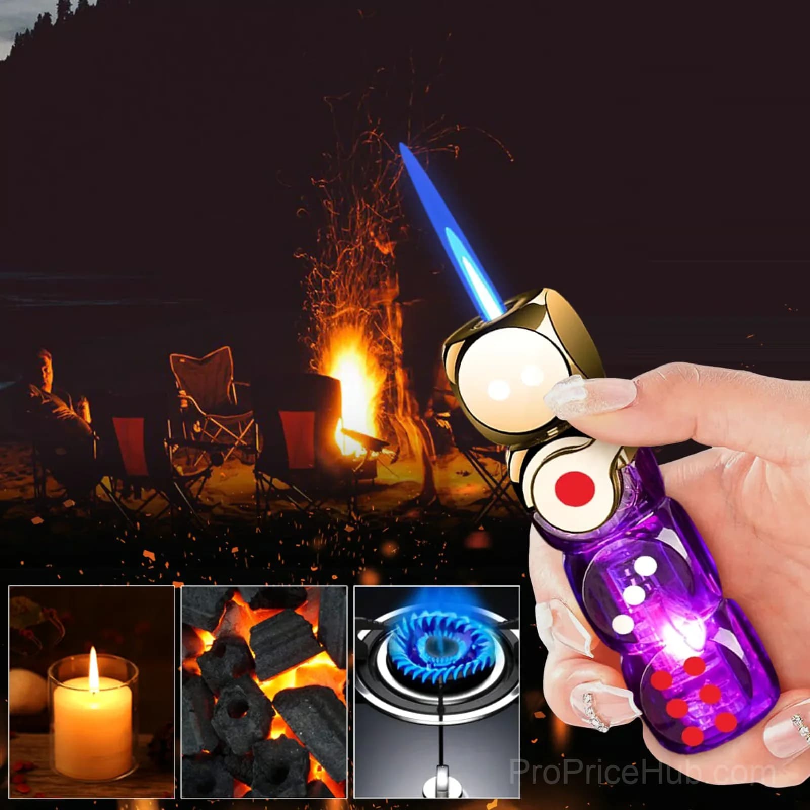 Purple 360° Spinning Dice Windproof Jet Flame Lighter with LED - Main