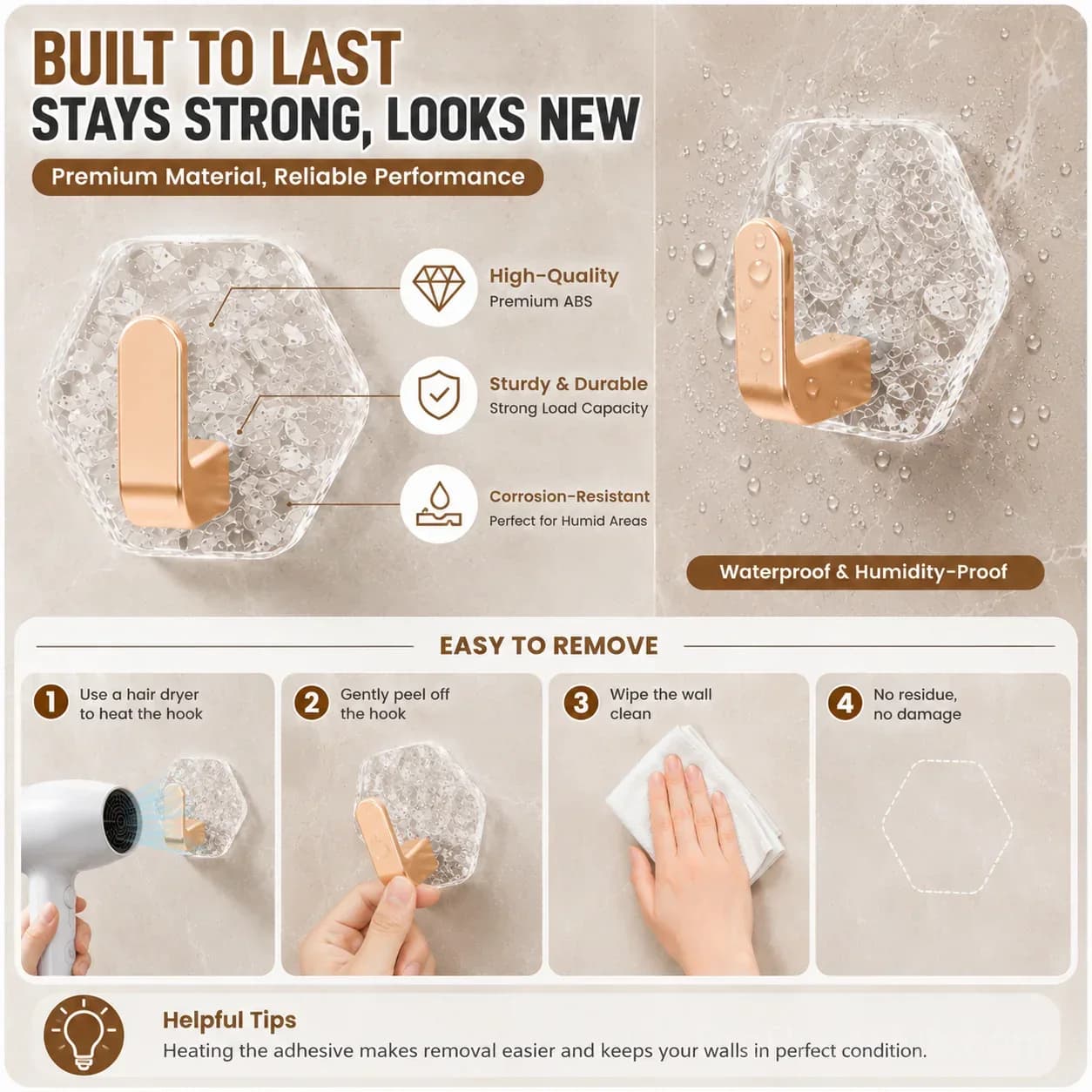 10-Pack Hexagonal Adhesive Wall Hooks, Waterproof Heavy Duty - View 6
