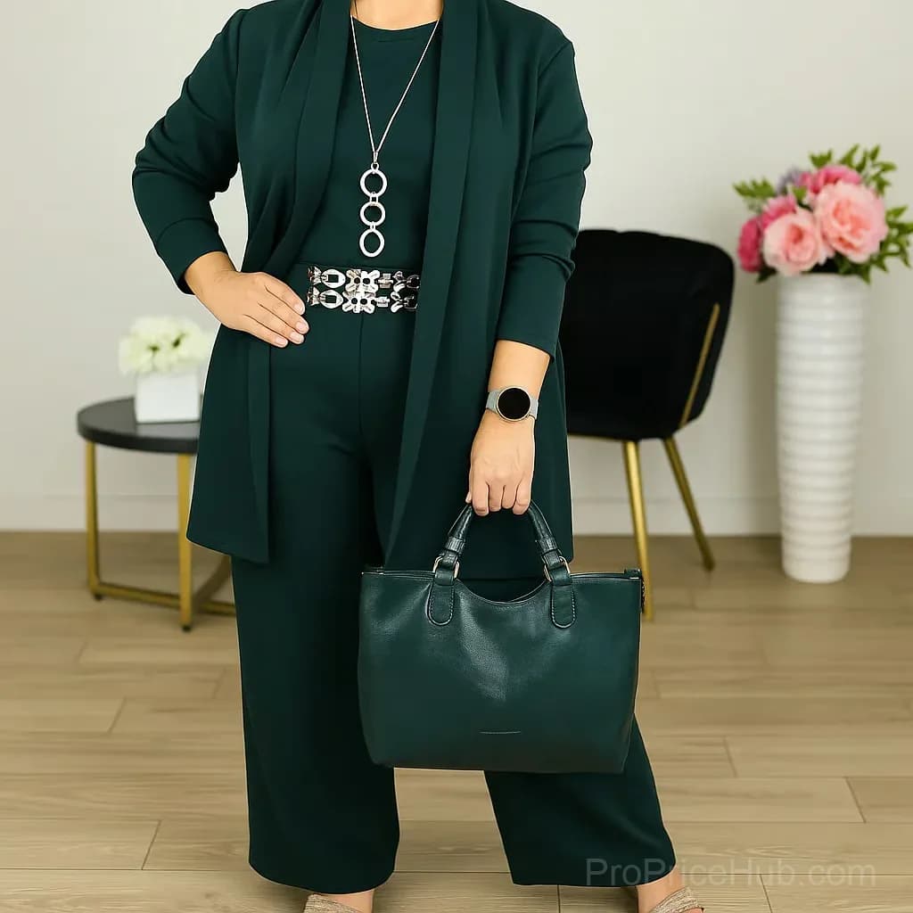 3-Piece Long Cardigan, Top and Pants Set, Brown, S - View 14