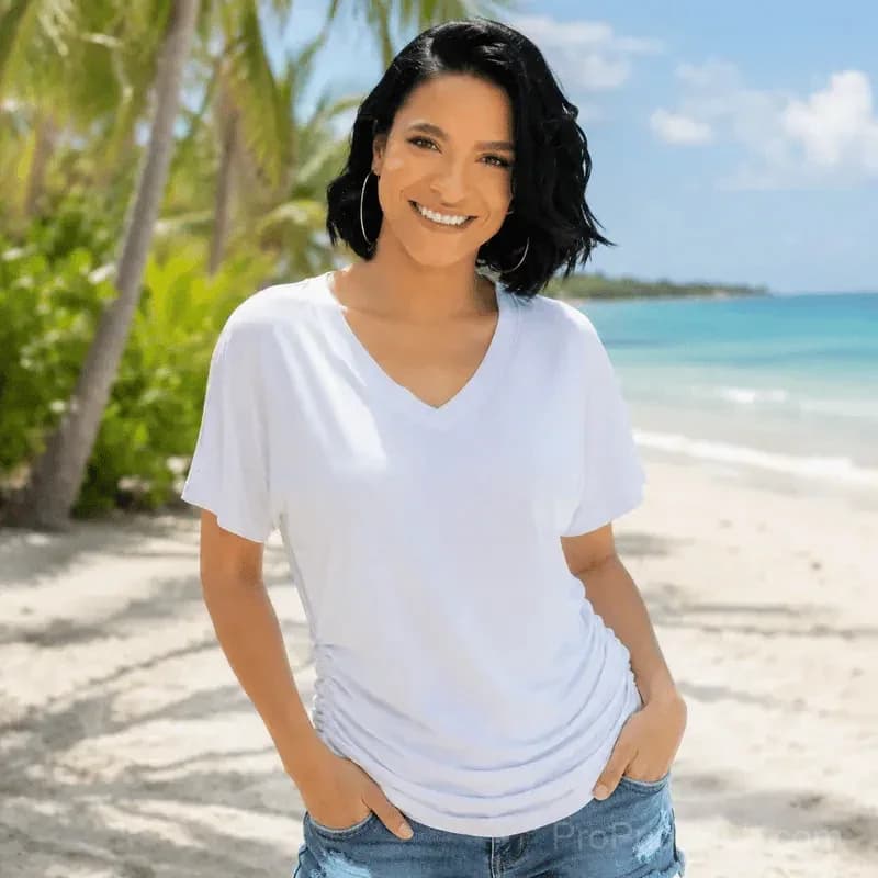 Women's Short Sleeve V-Neck Dolman Top - Soft Breathable Loose Fit Blouse with Side Shirring - Alt