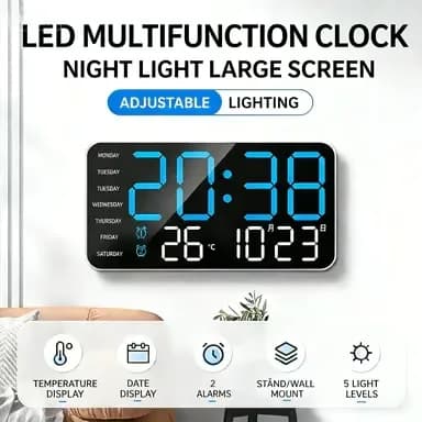 Decorative LED Digital Wall Clock, Green Light, White Shell, No Hook - View 2