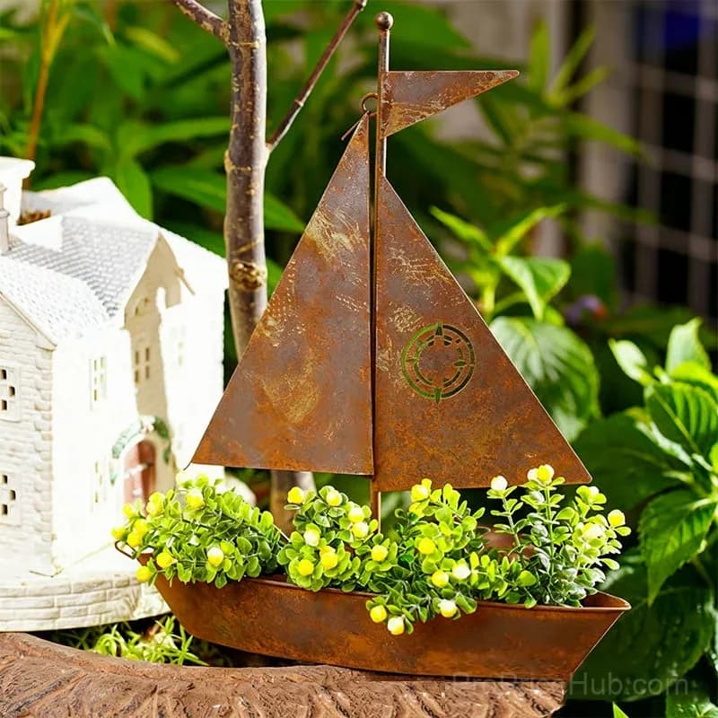 Rustic Sailboat Metal Planter, Brown Weather-Resistant Garden Decor - View 4