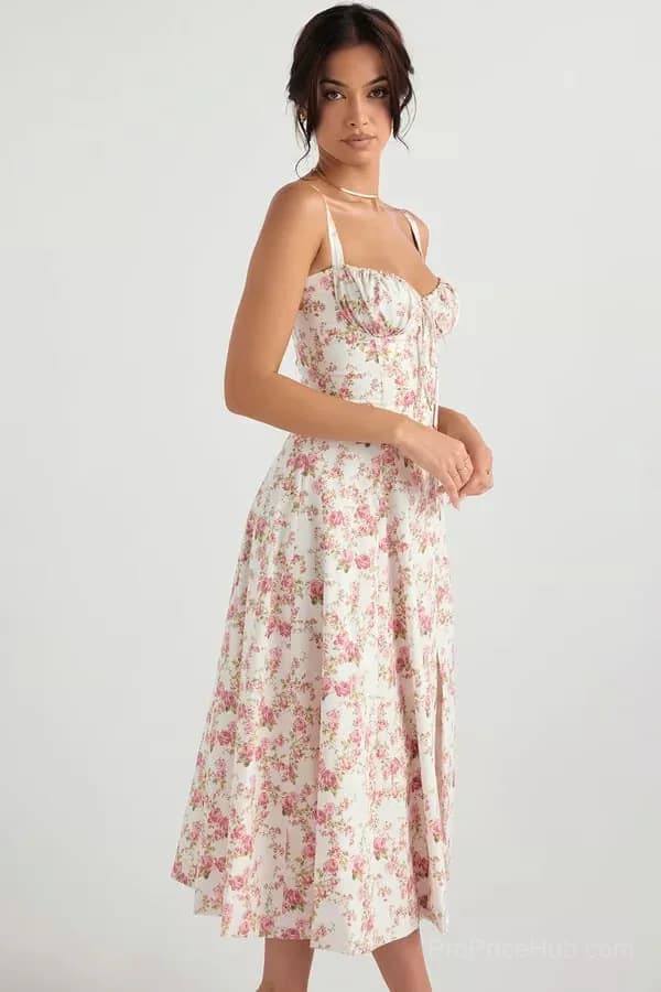 Red Floral Print Bustier Sundress, Size S - View 8