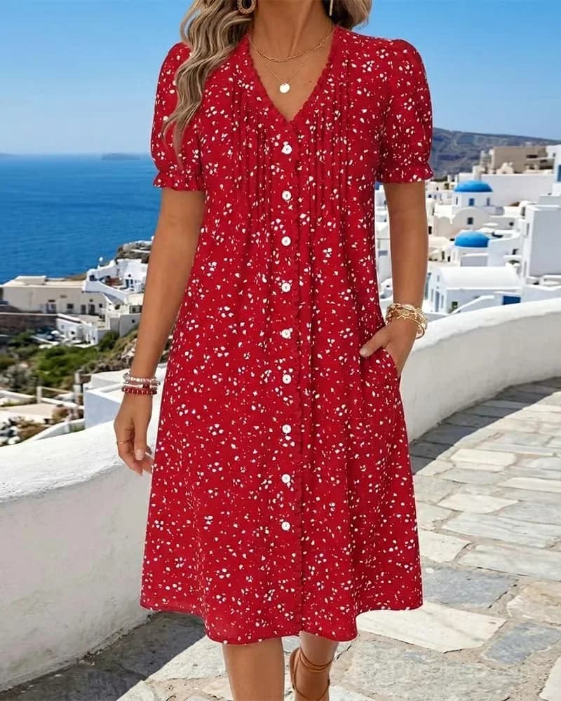 Floral V-Neck Button-Front Dress, Red, US 4/S - Main
