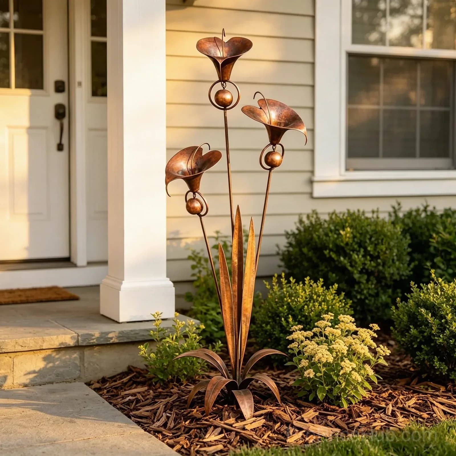 Flamed Copper Three Calla Lilies Garden Stake with Bells - Alt