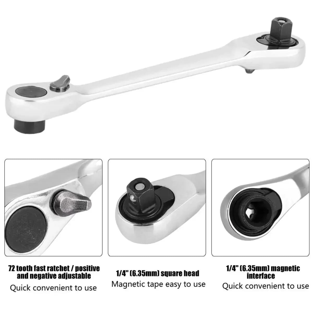 Mini Double Headed Ratchet Wrench, 1/4 Inch Drive, 72-Tooth, 5° Quick Release - View 5