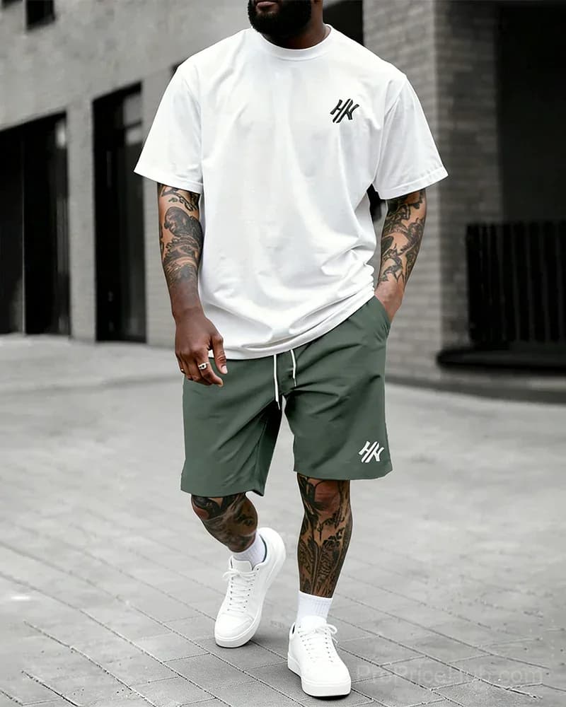 Big & Tall Men's Dark Brown Letter Print T-Shirt & Shorts Set - View 12