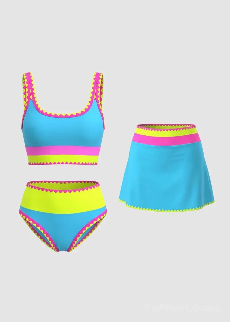 Color Contrast Patchwork Nylon 3-Piece Bikini Set - View 19