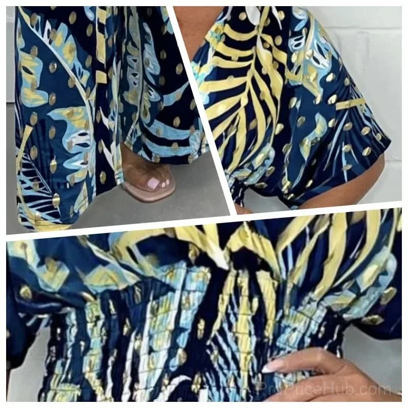 Women's Leaf Print Elastic Waist Bodysuit, Dark Blue, M - View 7