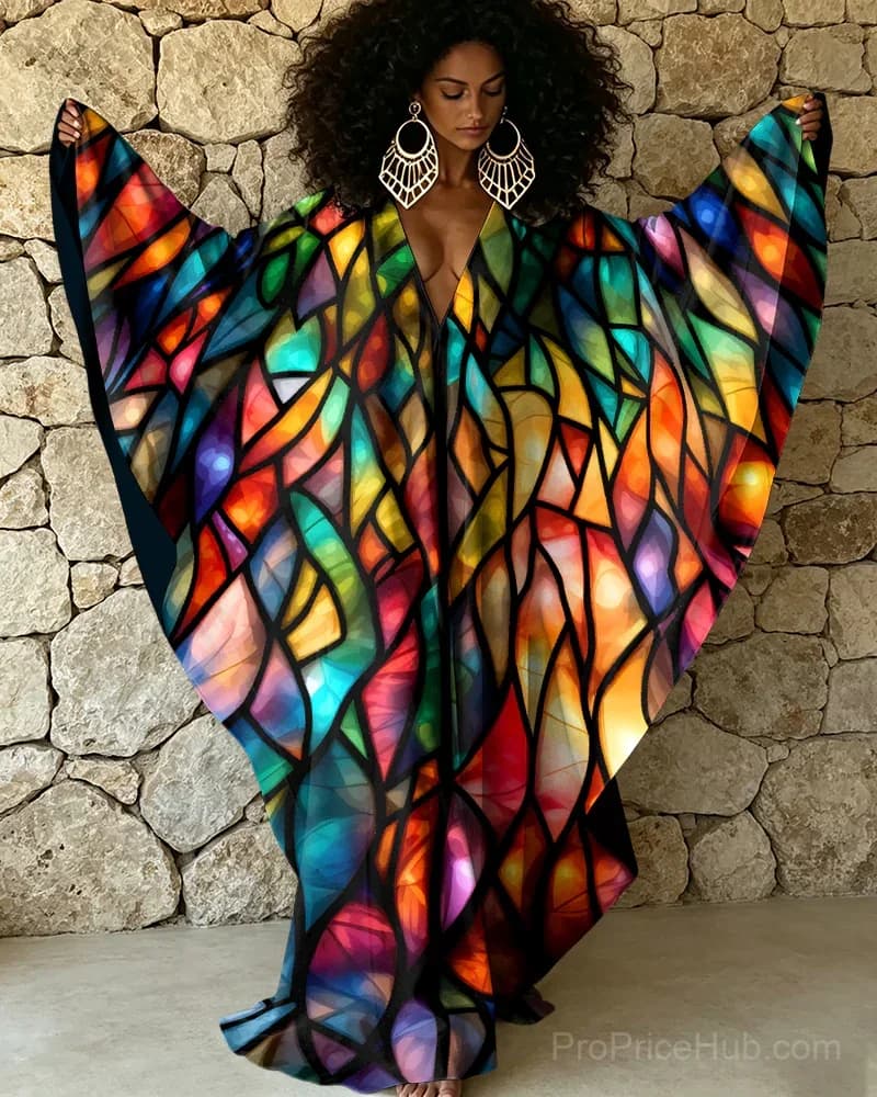Geometric Patchwork Color Block V-Neck Kaftan Dress - Main