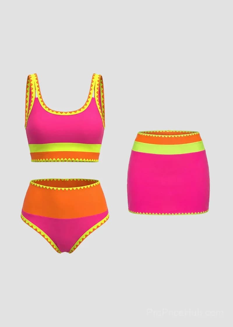 Color Contrast Patchwork Nylon 3-Piece Bikini Set - View 22