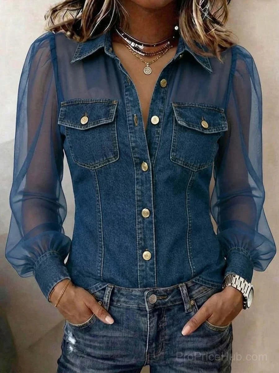 Women's Casual Denim Patchwork Chiffon Long Sleeve Blouse - Main