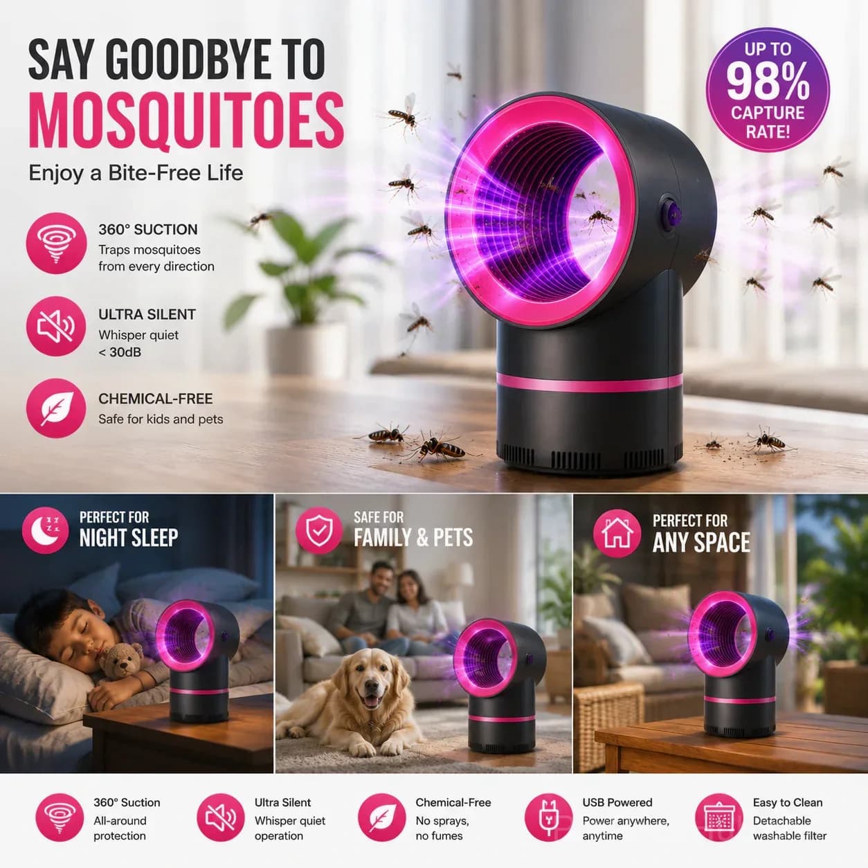 USB Mosquito Trap – Strong Suction & Quiet Indoor Bug Catcher - View 4