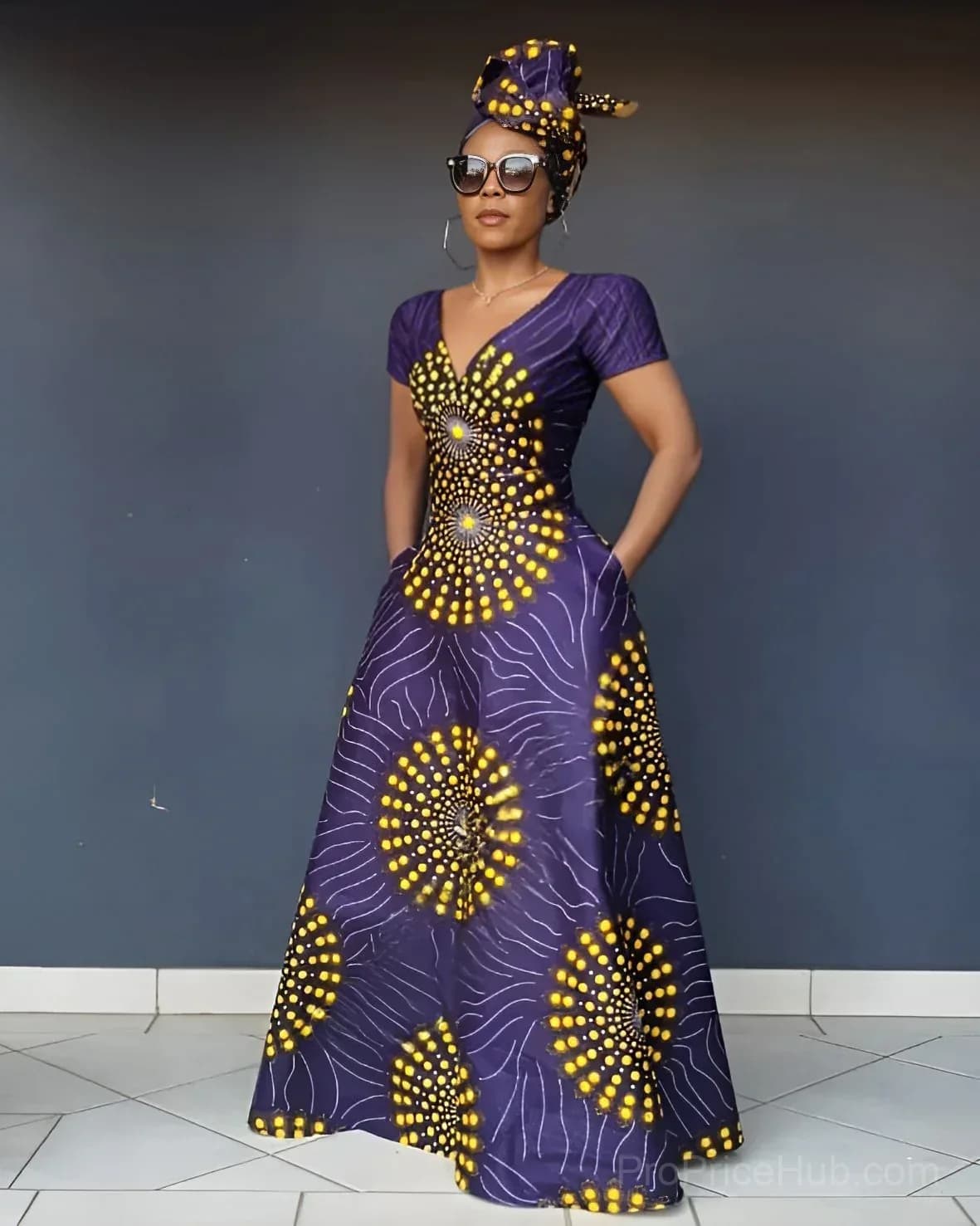 Women's V-Neck African Yellow Polka Dots Short Sleeve Maxi Dress - Main