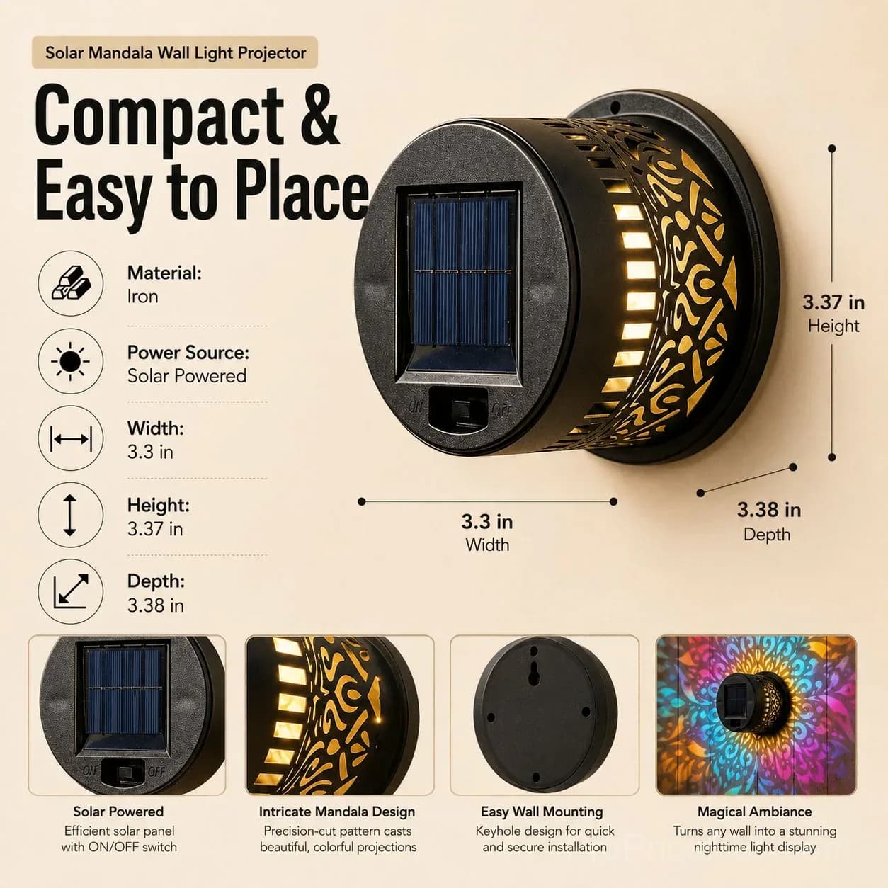 Solar Mandala Wall Light for Outdoor Garden Fence Projector - View 10