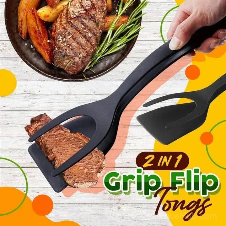 2-in-1 Grip Flip Tongs with Silicone Tips, Black, 1 Piece - Alt