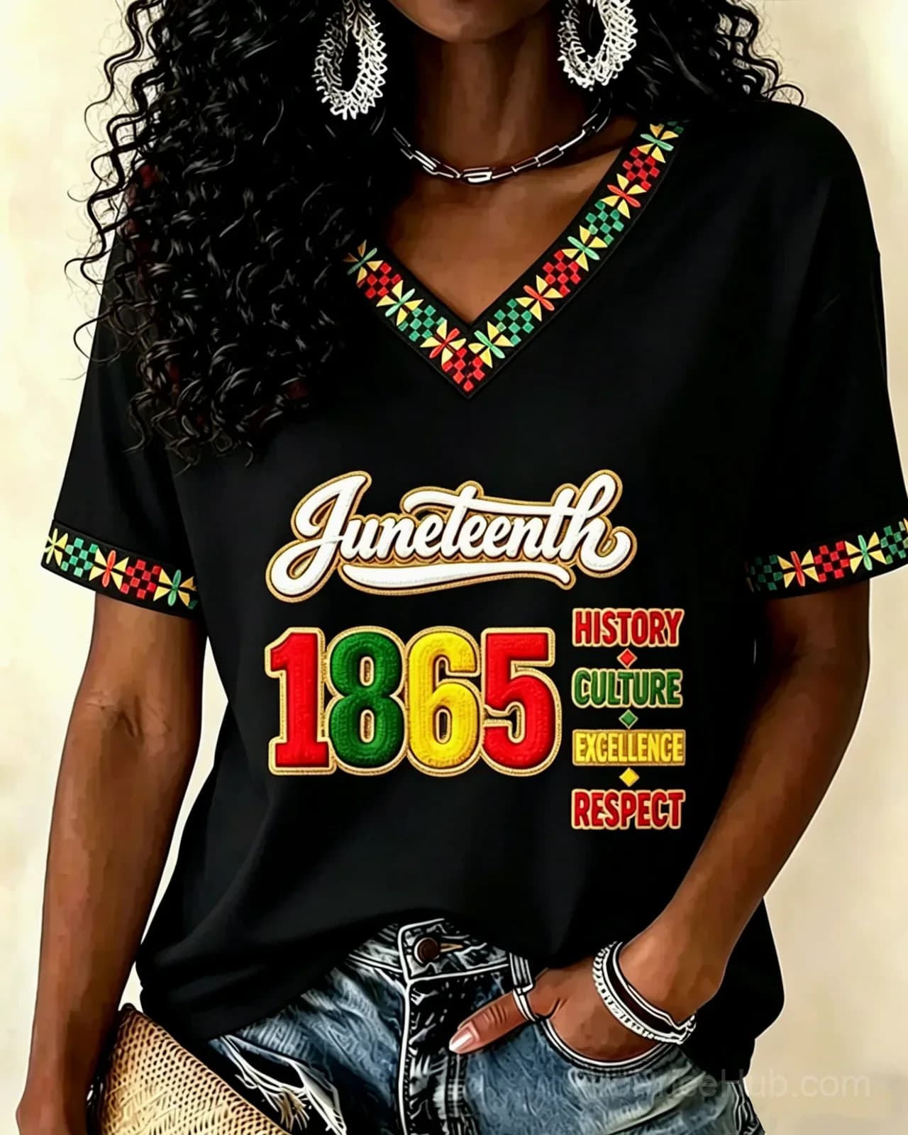 Juneteenth Remember The Past V-Neck Short Sleeve T-Shirt - Alt