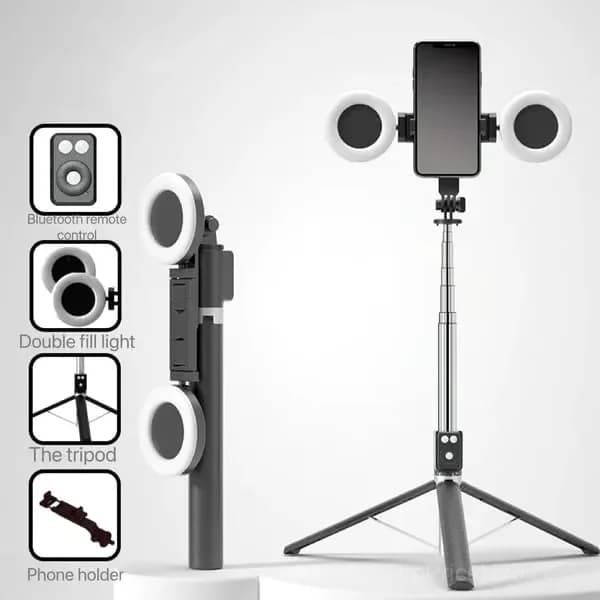 Black 6-in-1 Bluetooth Selfie Stick, No Fill Light - View 11
