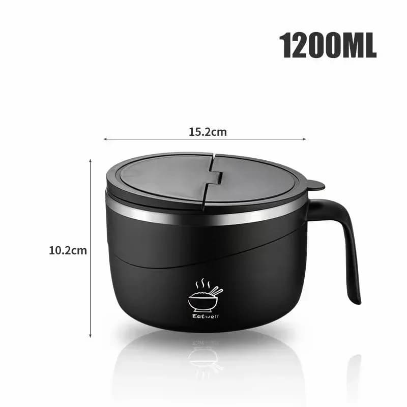 304 Stainless Steel Insulated Ramen Bowl, Black, 1200ml, 1 Pc - Main