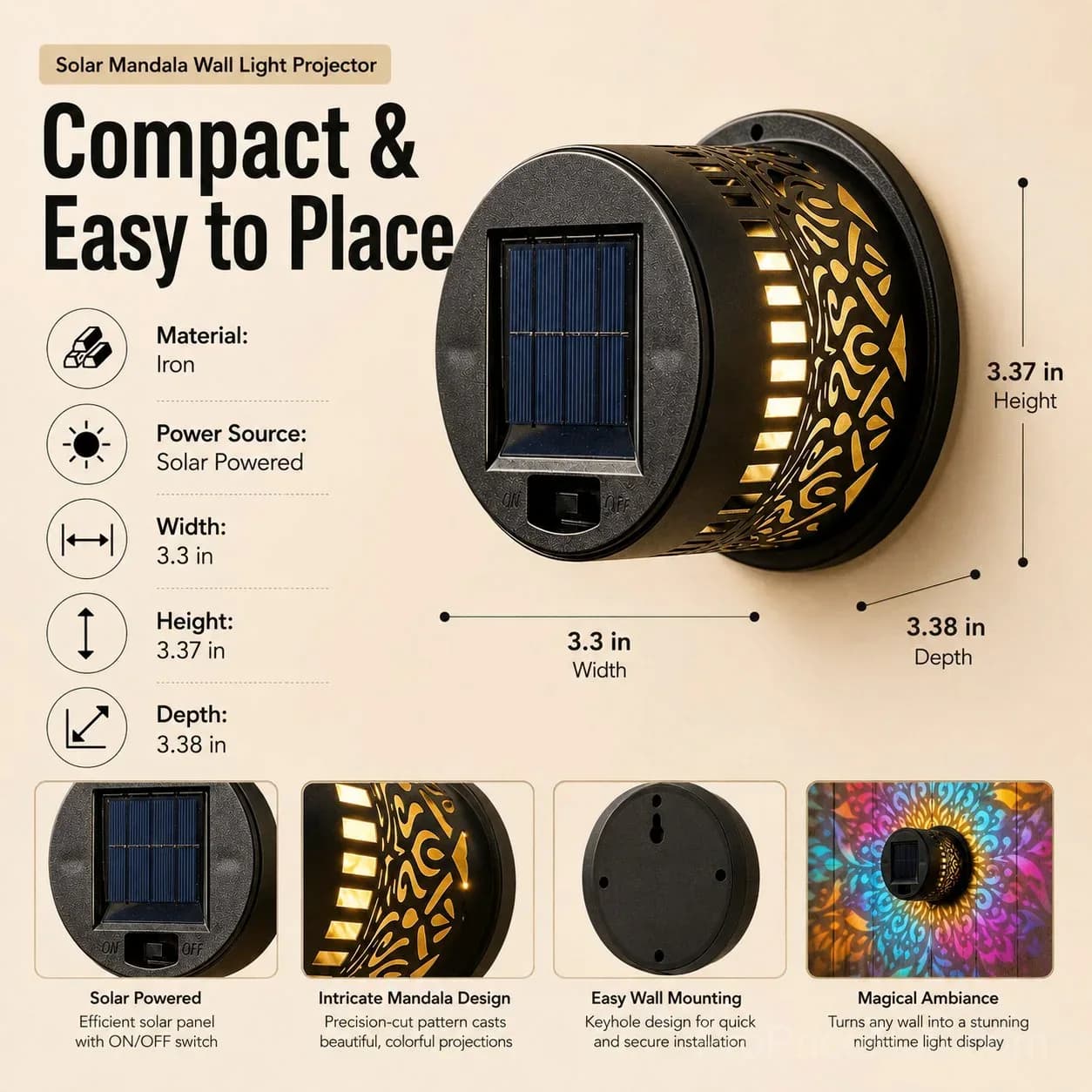 Mandala Solar Wall Lamp – Patio Night Ambience Lighting - View 8