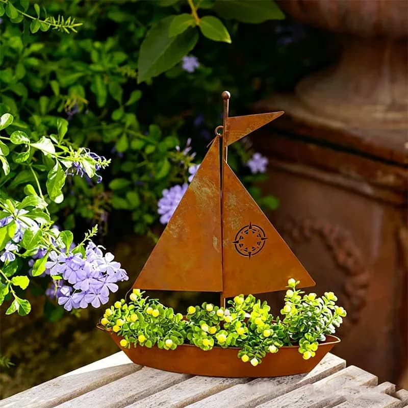 Rustic Sailboat Metal Planter, Brown Weather-Resistant Garden Decor - View 5
