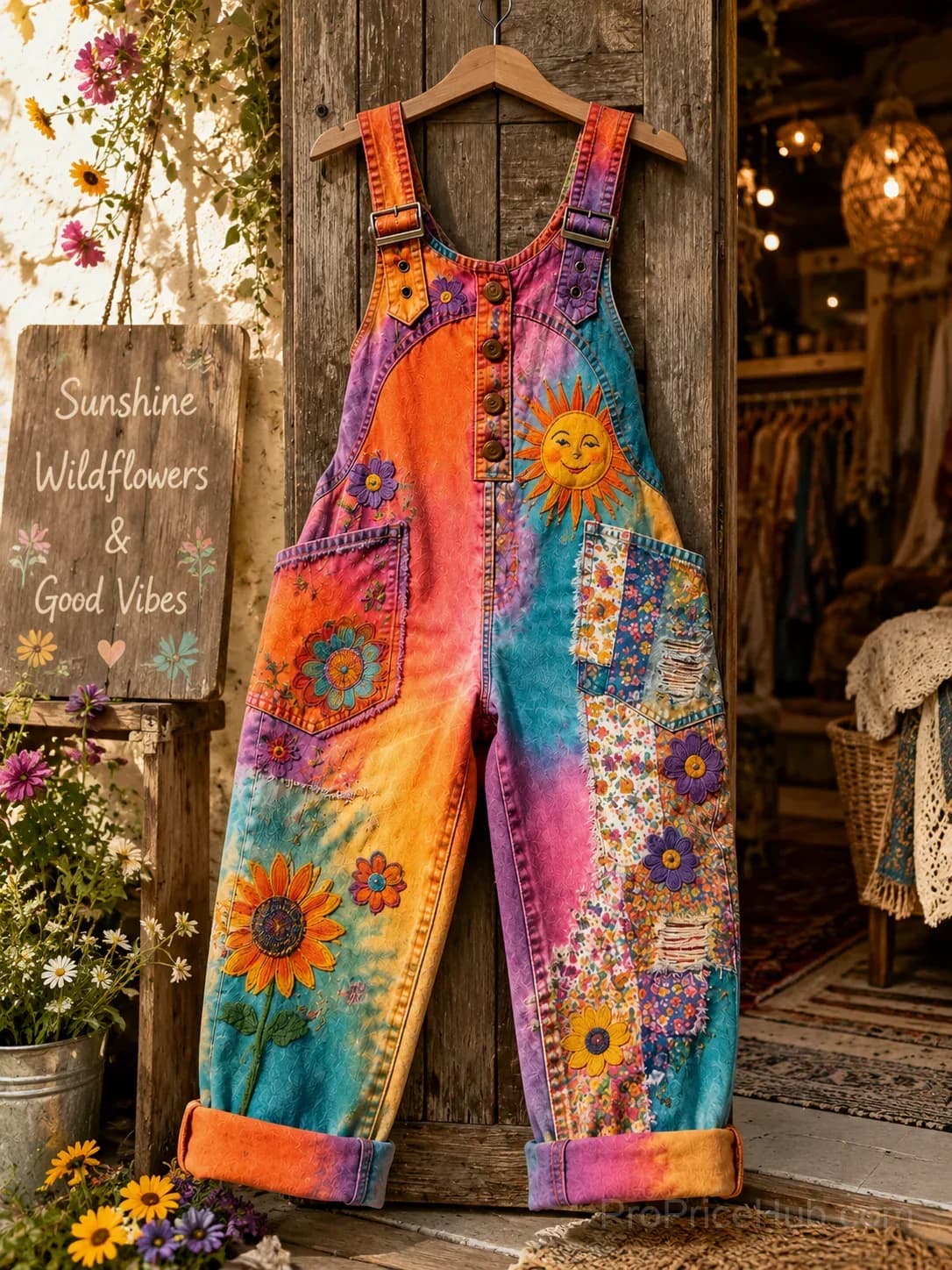 Women's Retro Art Print Denim Patchwork Jumpsuit - Main