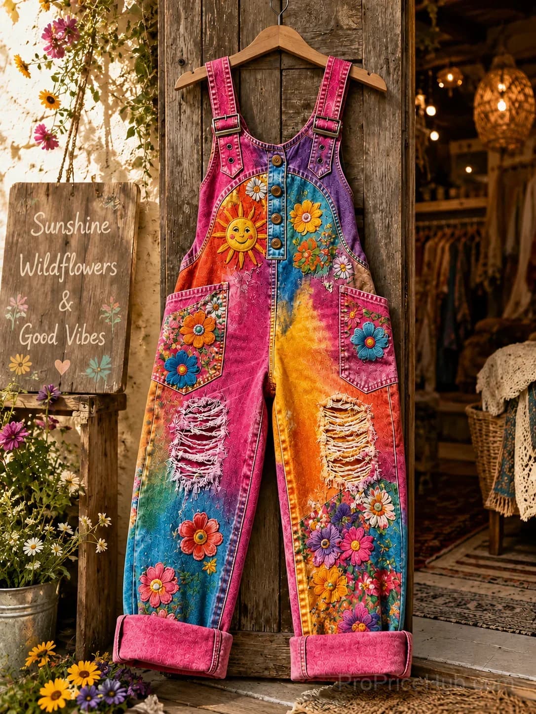 Women's Retro Art Print Denim Patchwork Jumpsuit - Main