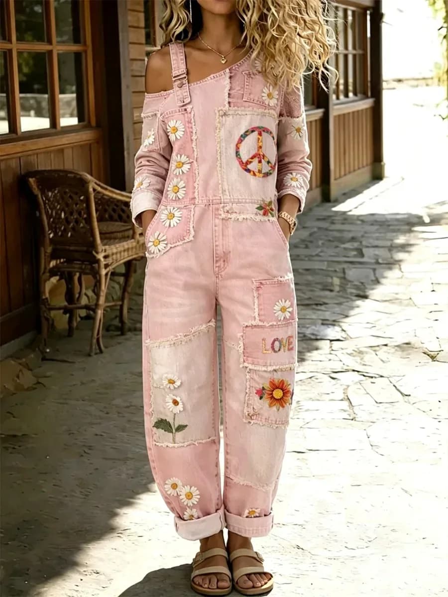 Women's Retro Floral Color-Blocked Washed Cotton Denim Jumpsuit - Alt
