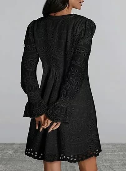 Women's Casual Eyelet Lace Dress, Black, Size S - View 11