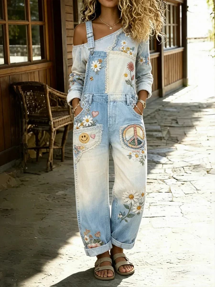 Women's Retro Color-Blocked Floral Denim Patchwork Jumpsuit - Main