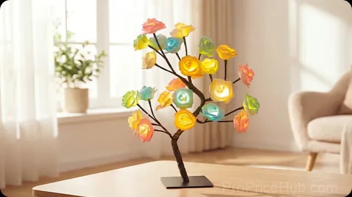 Rose Flower Tree Night Light, Multicolor with Black Base - Main