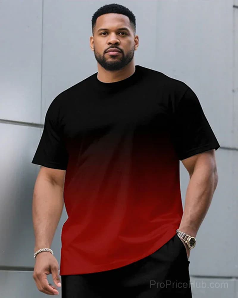 Men's Plus Size Black & Red Gradient T-Shirt and Shorts Set - Alt