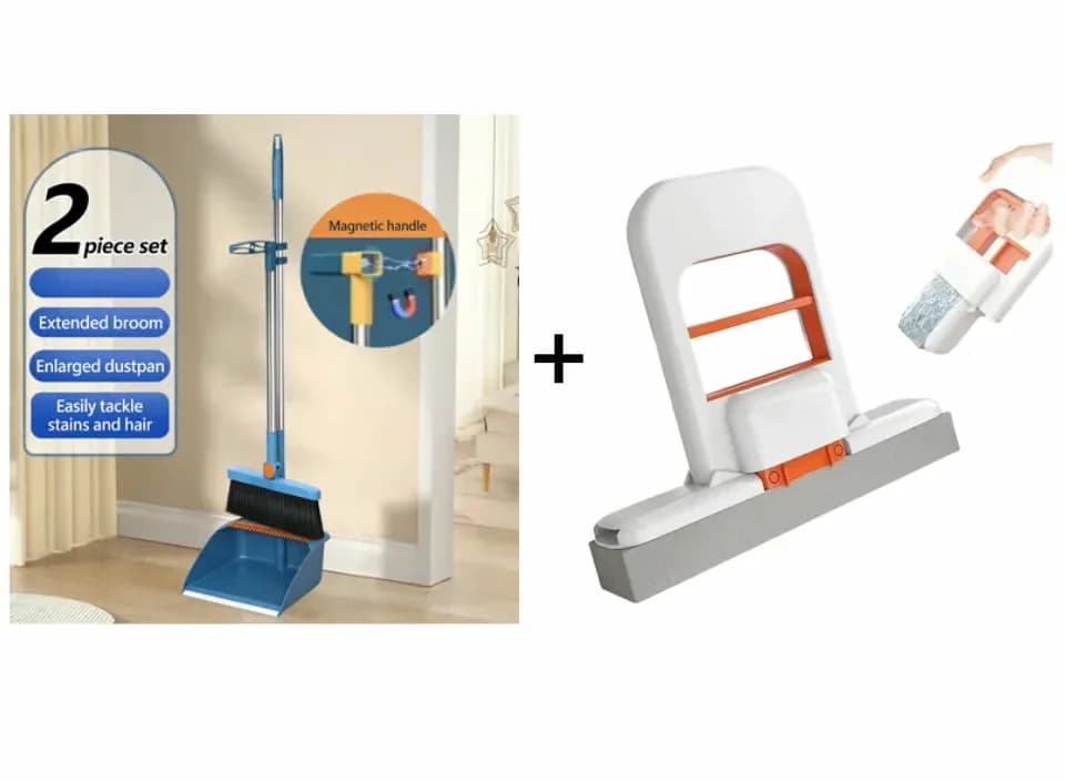 Stand-Up Dustpan and 180° Rotating Broom Set, Blue - View 20