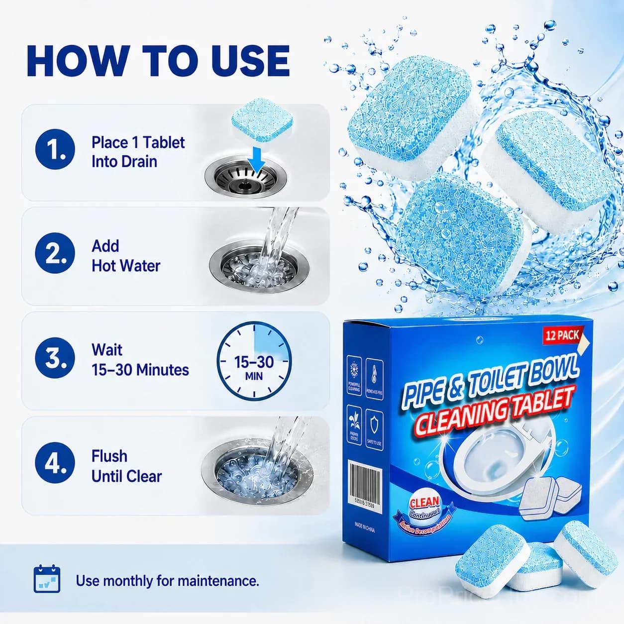 Drain Cleaning Tablets 12-Pack for Sinks, Showers & Washing Machines - View 6