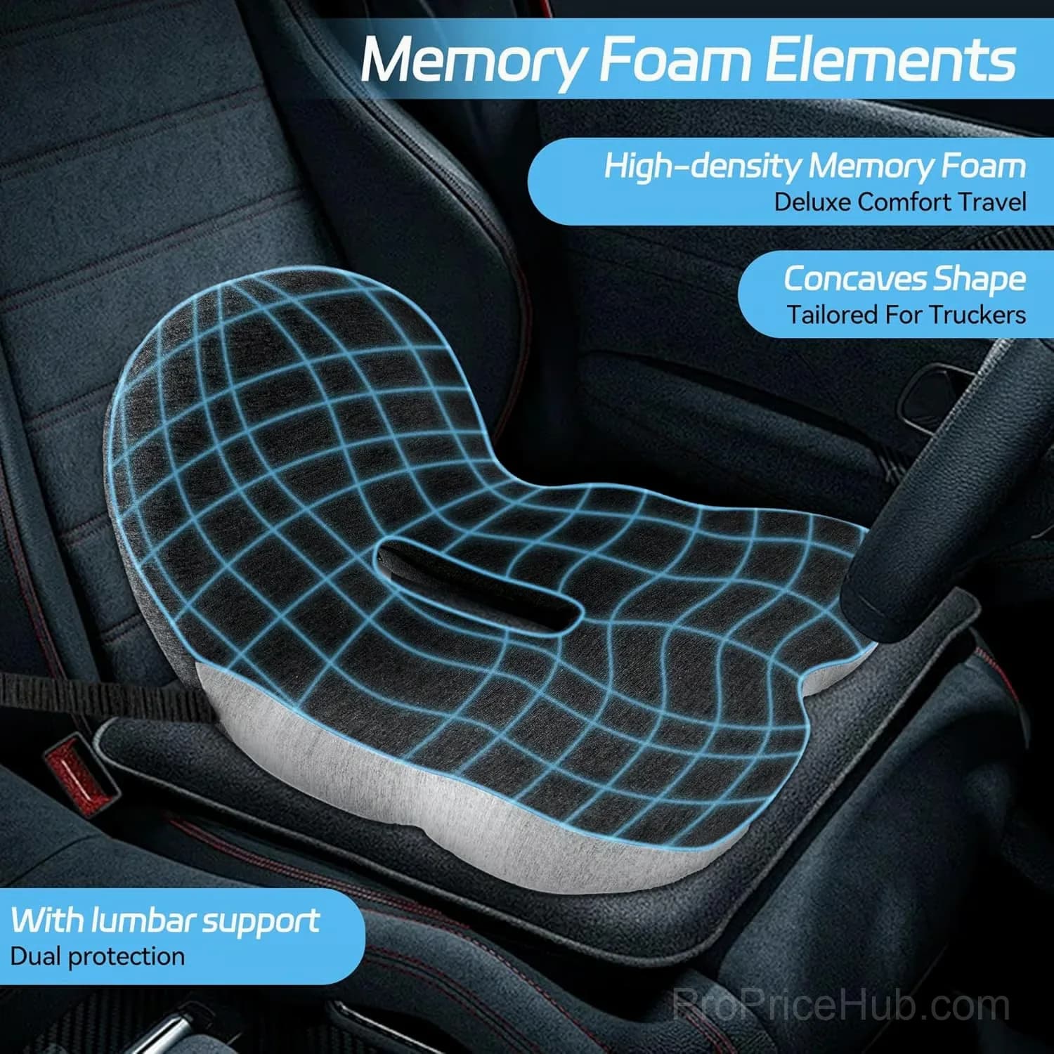 Ergonomic Non-Slip Memory Foam Car Seat Cushion, Black/Gray - Alt