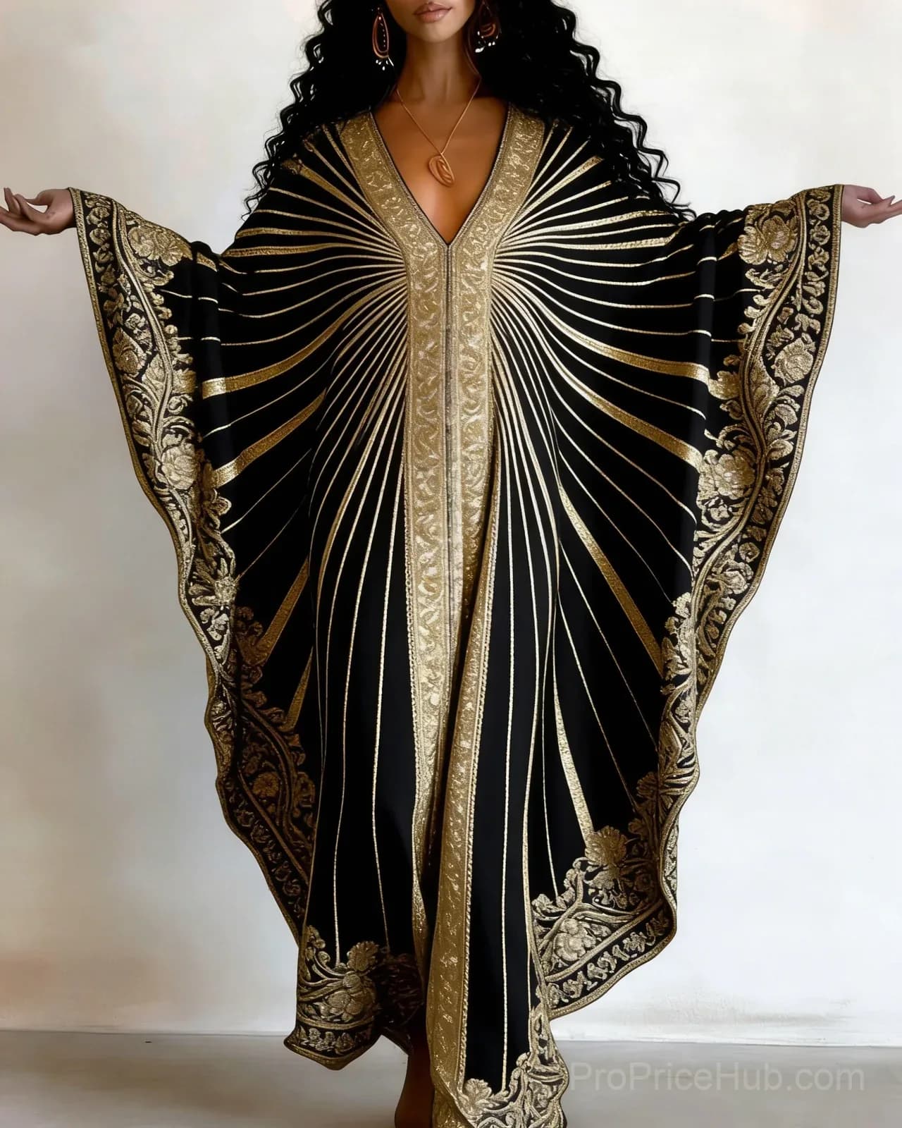 Golden Stripes African Print V-Neck Long Kaftan Dress - Main