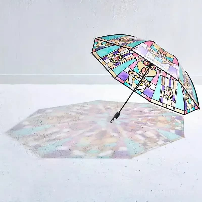 Vintage Stained Glass Print Automatic Umbrella - Alt