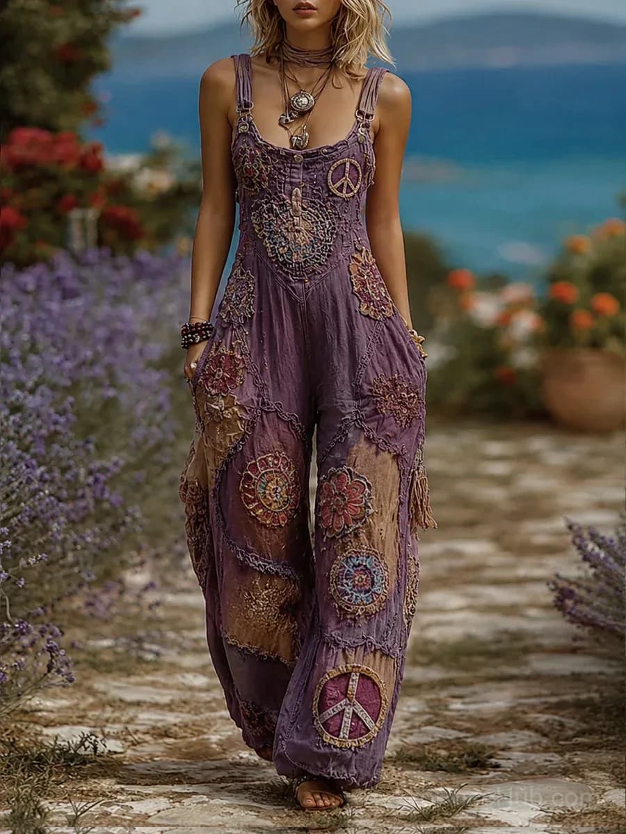 Women's Retro Art Print Washed Cotton Denim Patchwork Jumpsuit - Main